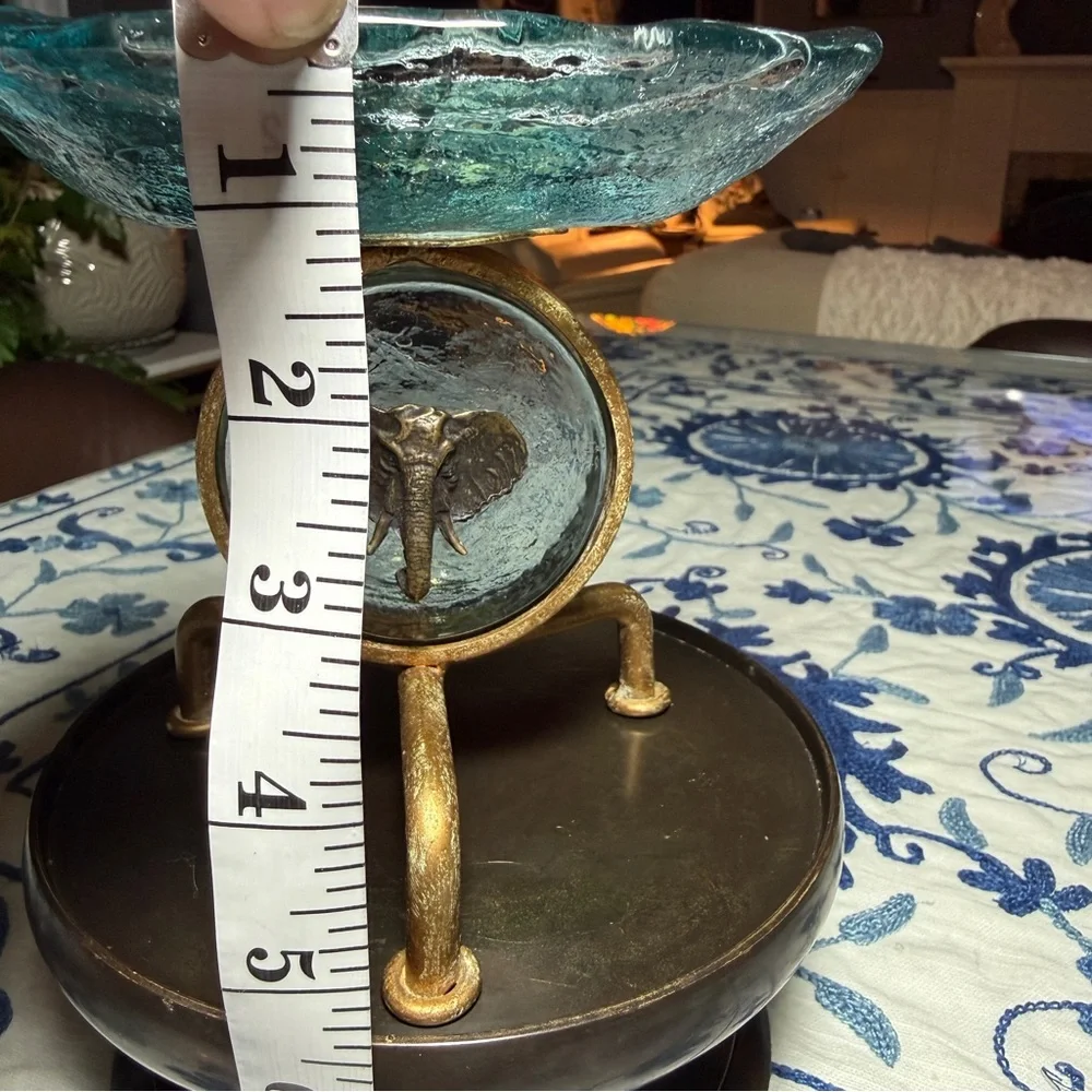 VTG  Art nouveau Brass Ornate Stand with Blue Glass & Elephant MCM Soap Dish EUC